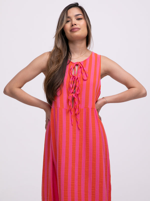 Bow-Musselinkleid "Stripes" in Pink/Rot