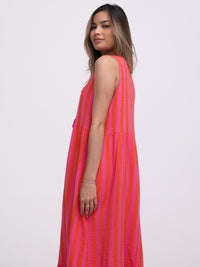 Bow-Musselinkleid "Stripes" in Pink/Rot