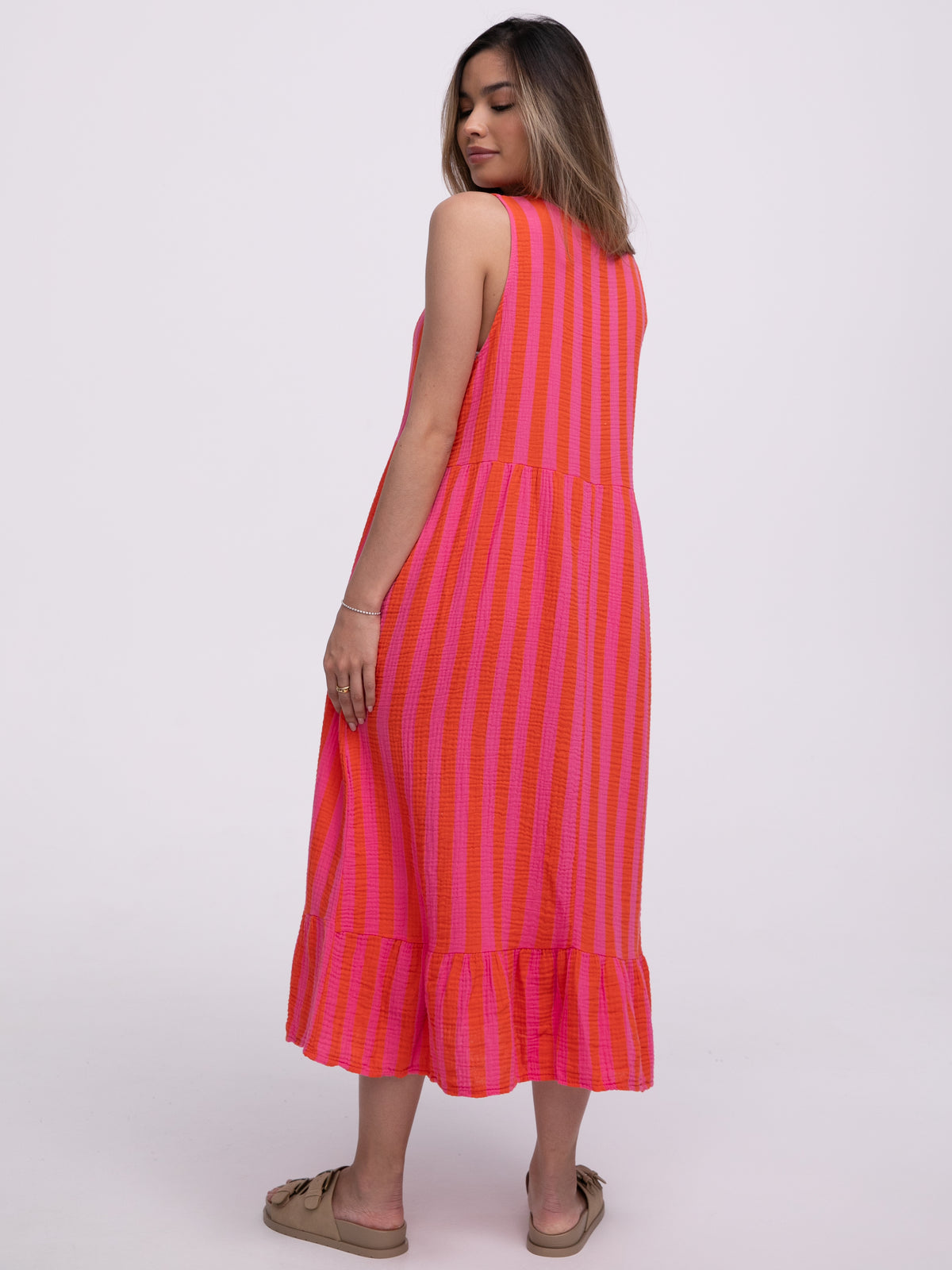 Bow-Musselinkleid "Stripes" in Pink/Rot