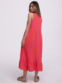 Bow-Musselinkleid "Stripes" in Pink/Rot