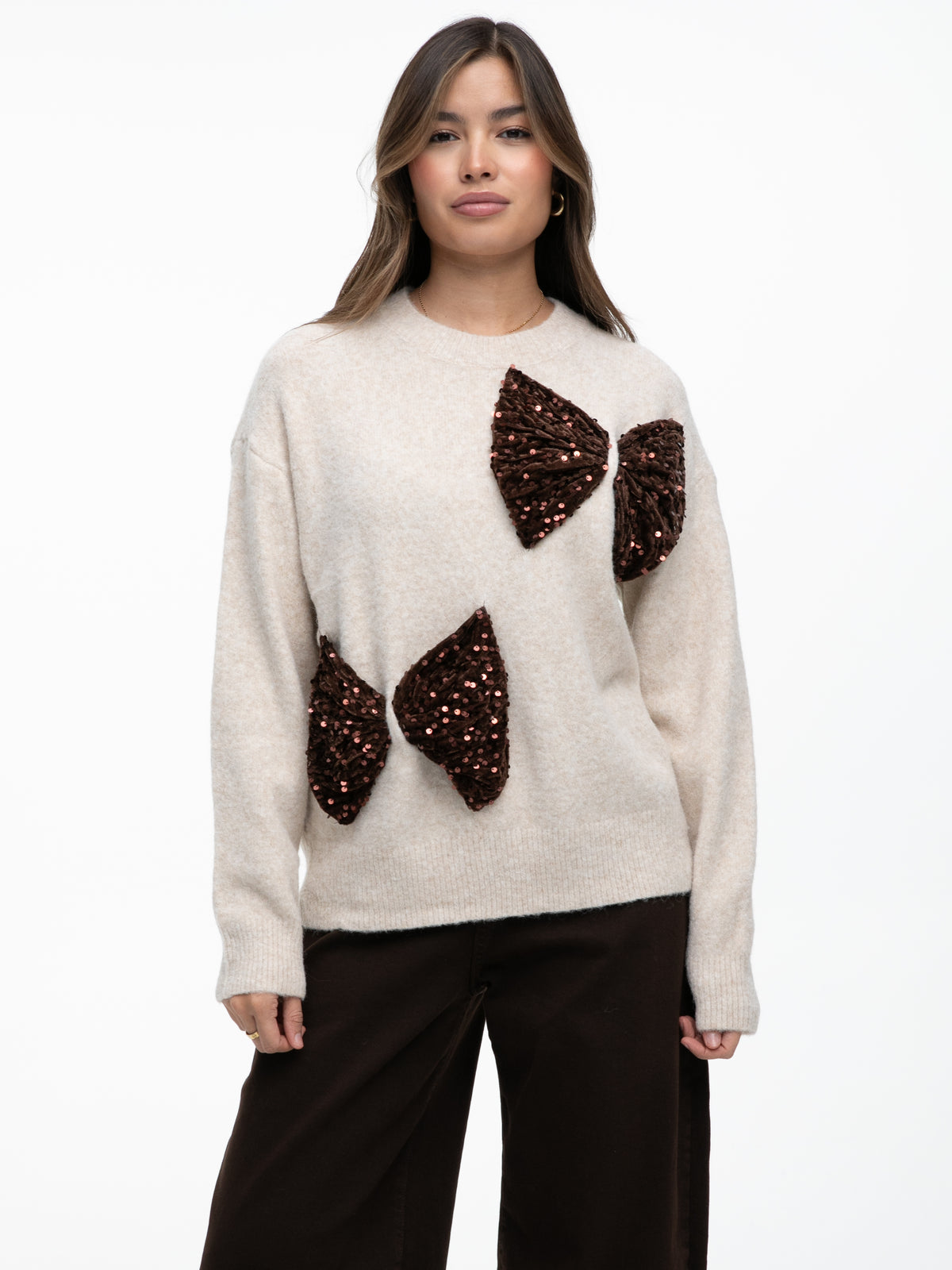 Strickpullover mit Pailletten-Schleifen „Aurora" in Creme