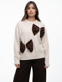 Strickpullover mit Pailletten-Schleifen „Aurora" in Creme