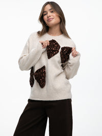 Strickpullover mit Pailletten-Schleifen „Aurora" in Creme