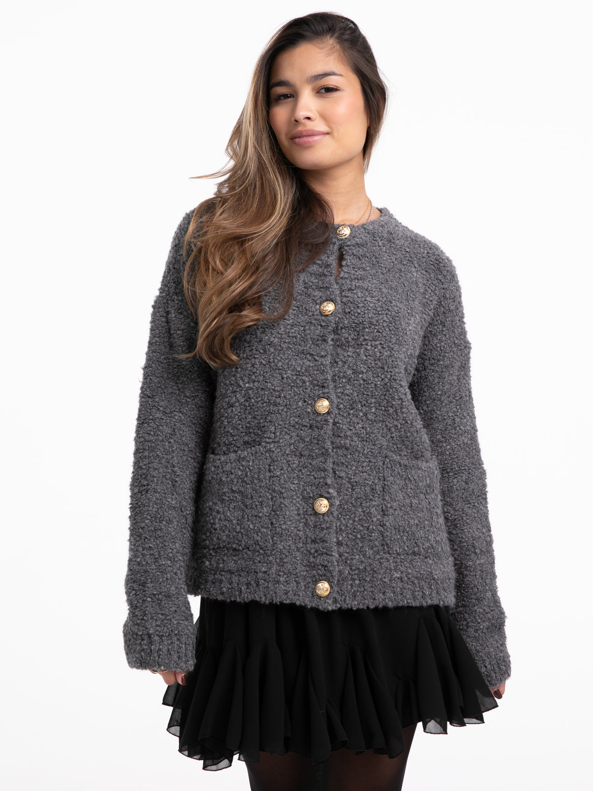 Bouclé-Strickjacke "Khlea" in Grau