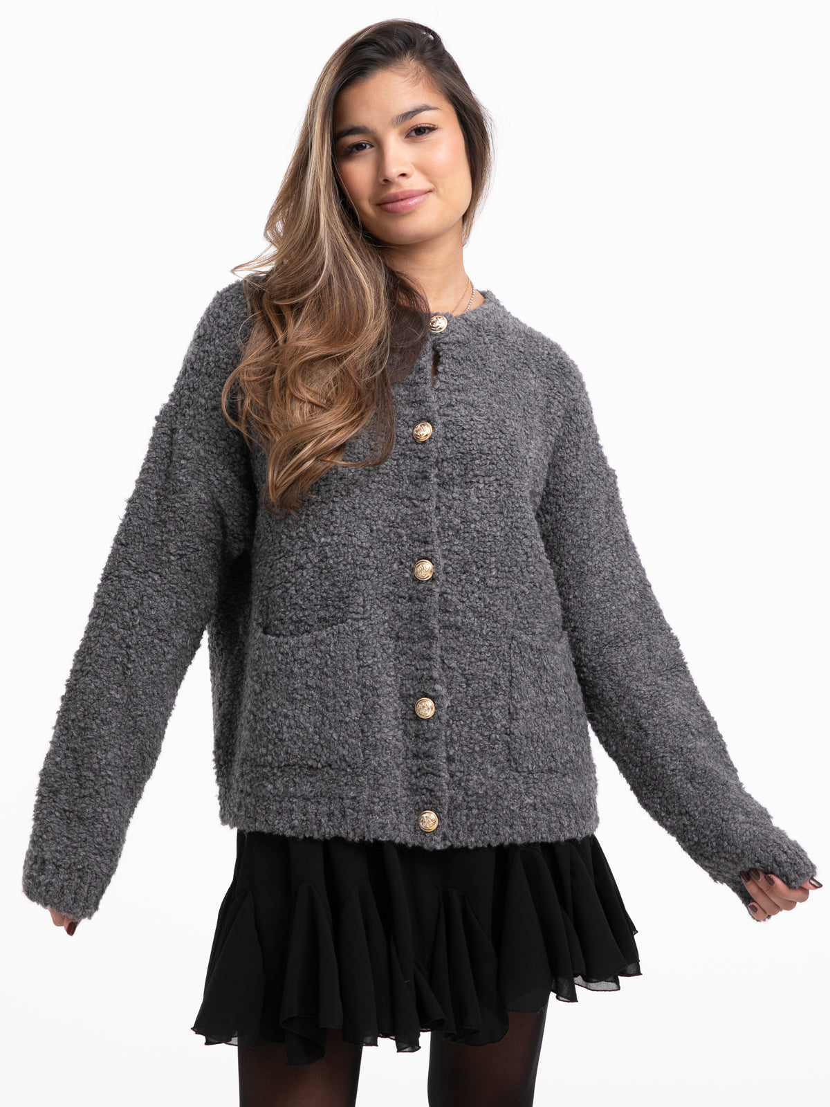 Bouclé-Strickjacke "Khlea" in Grau