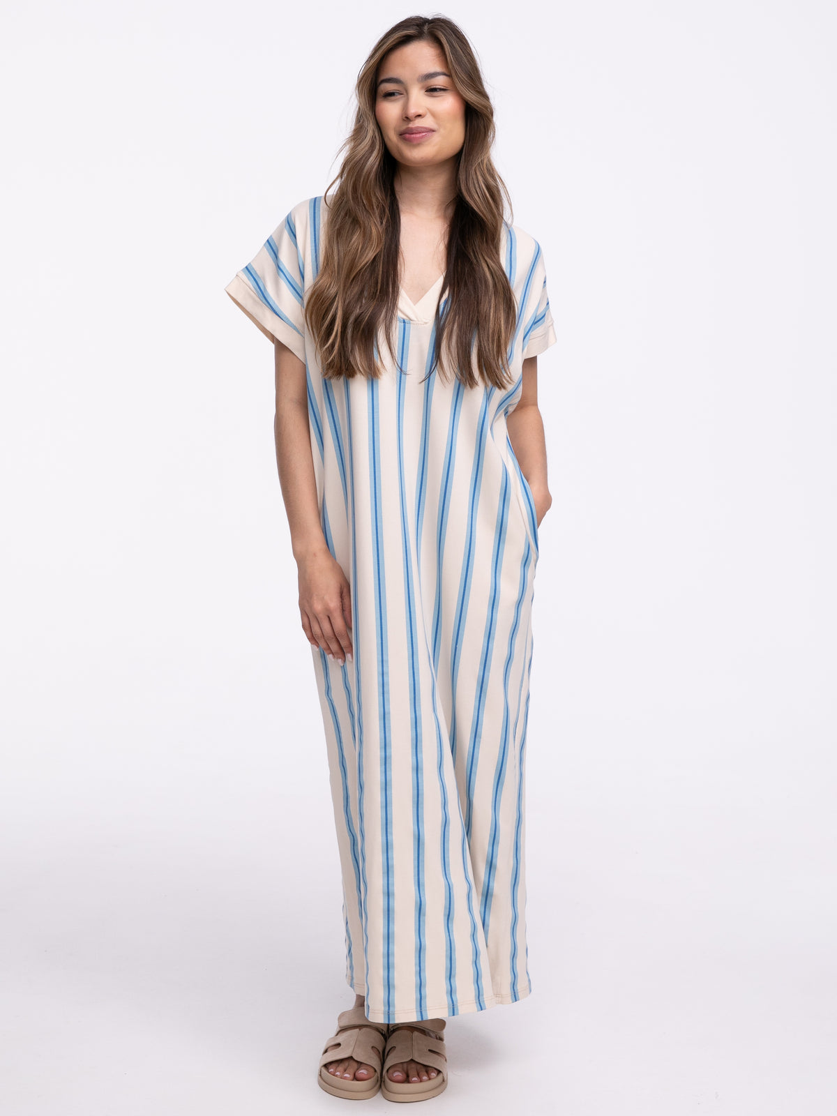 Kleid Beige/Blau gestreift