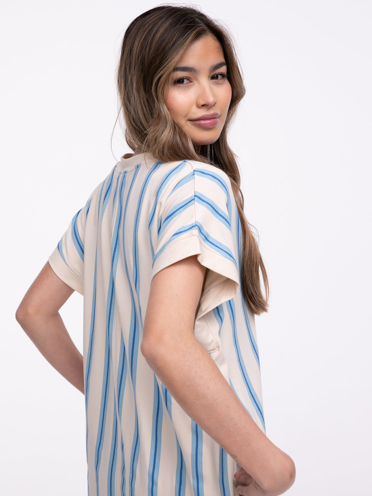 Kleid Beige/Blau gestreift