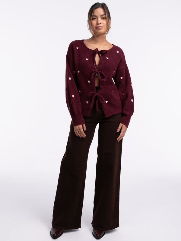Bow-Cardigan "Hearts" in Burgundy