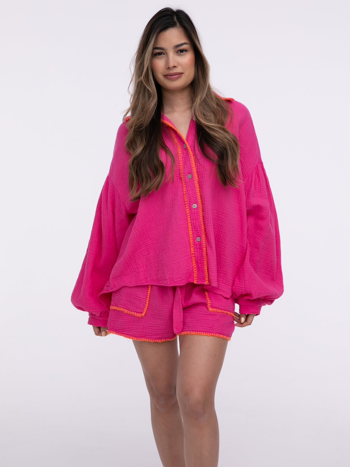 Musselin-Bluse "Stitches" in Pink/Orange