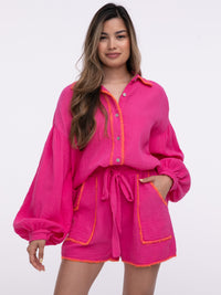 Musselin-Shorts „Stitches" in Rosa/Orange