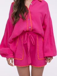 Musselin-Shorts „Stitches" in Rosa/Orange