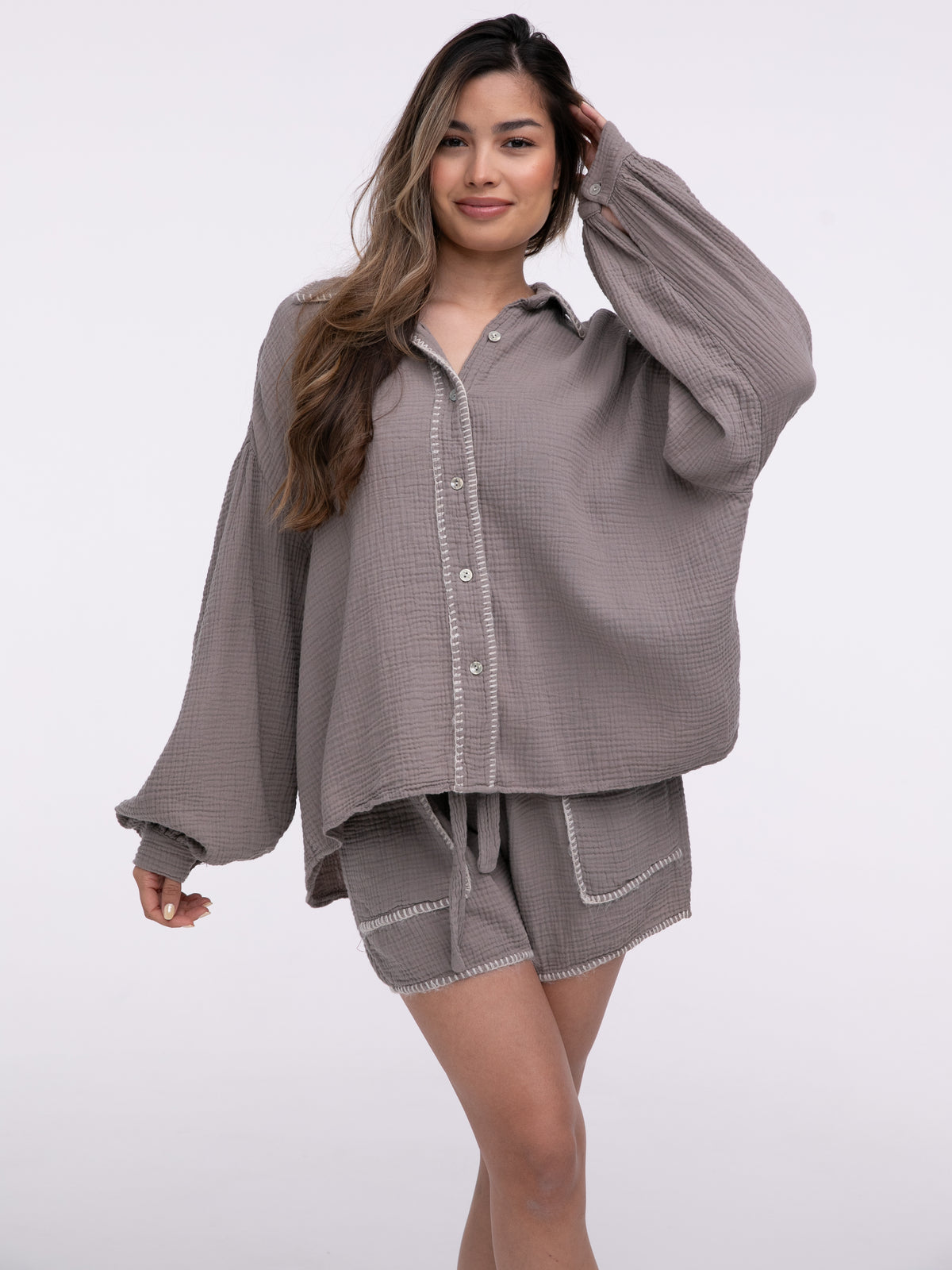 Musselin-Bluse "Stitches" in Taupe