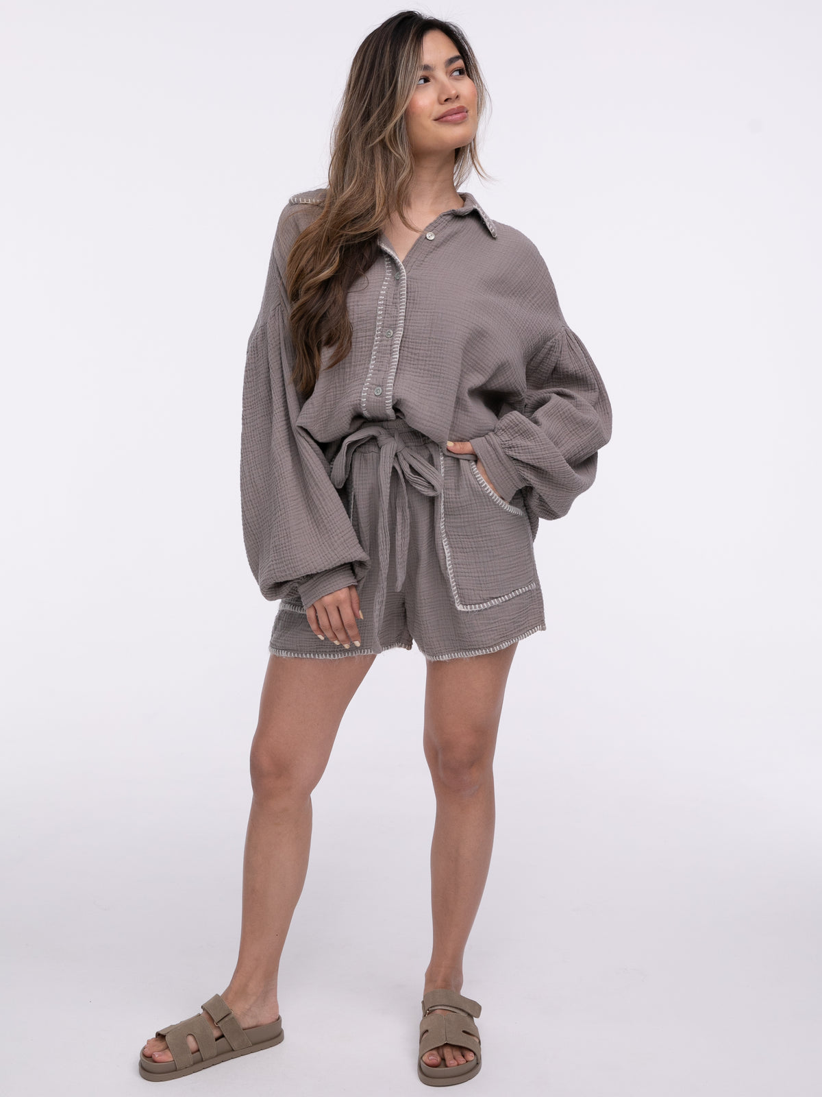 Musselin-Bluse "Stitches" in Taupe