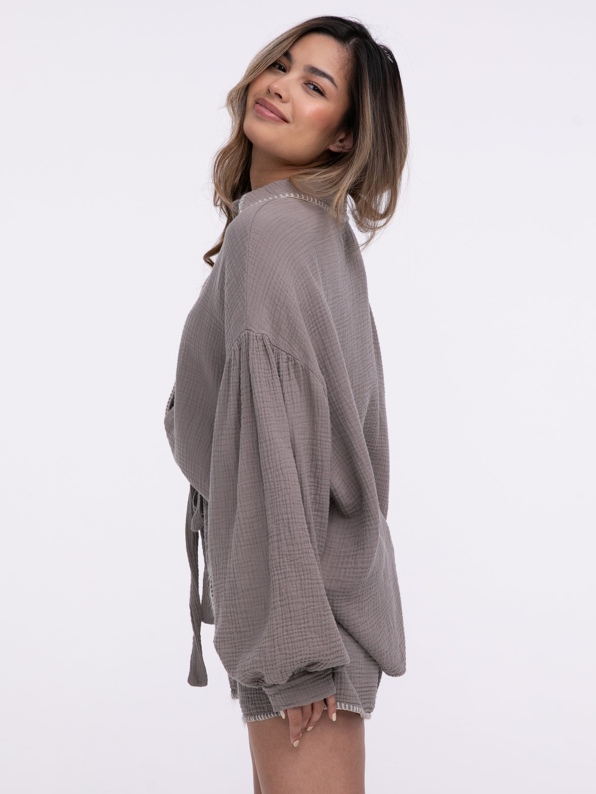 Musselin-Bluse "Stitches" in Taupe
