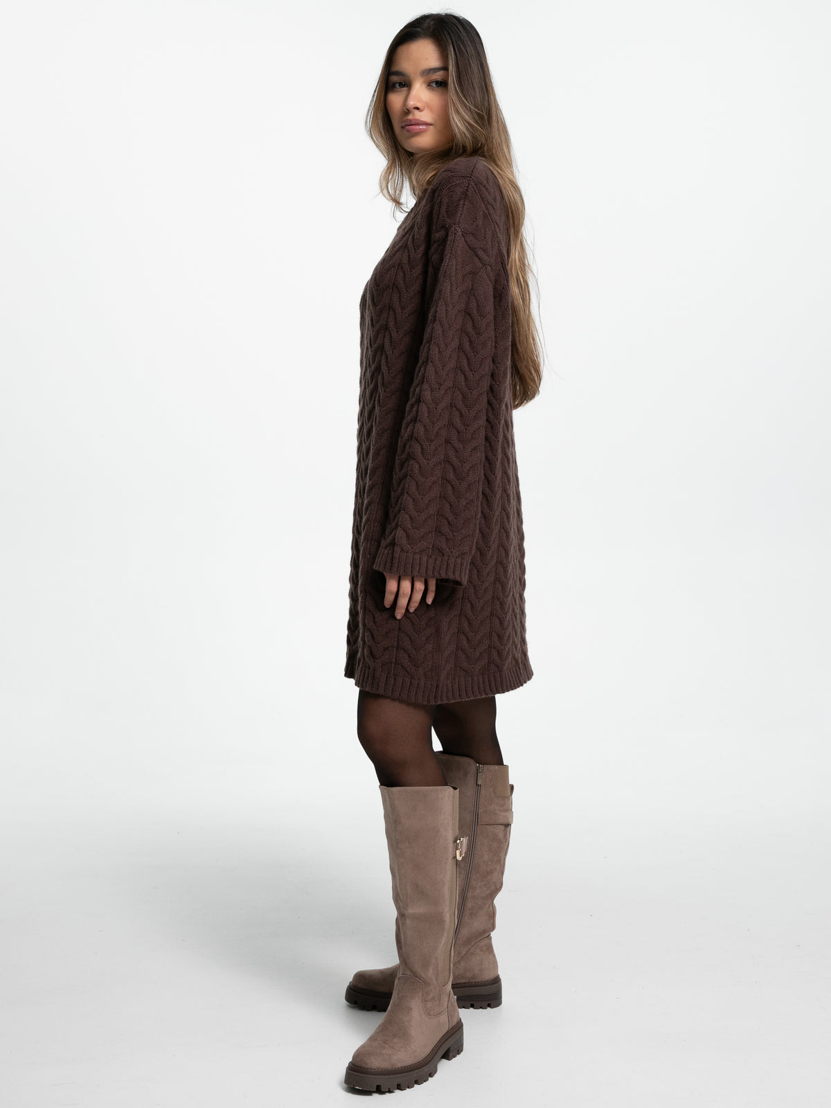 Strick-Pulloverkleid mit Zopfmuster "Lissan" in Choco