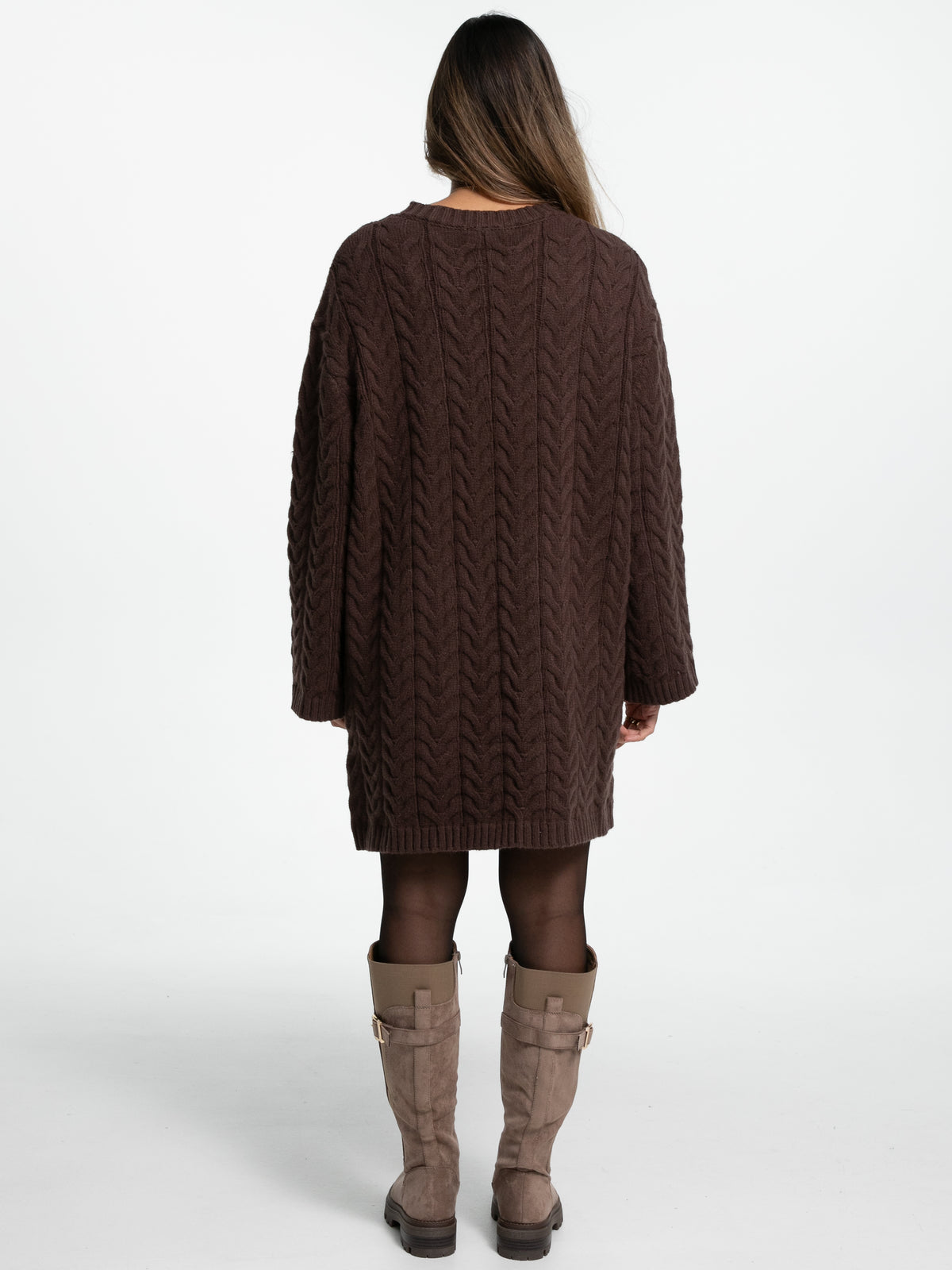 Strick-Pulloverkleid mit Zopfmuster "Lissan" in Choco