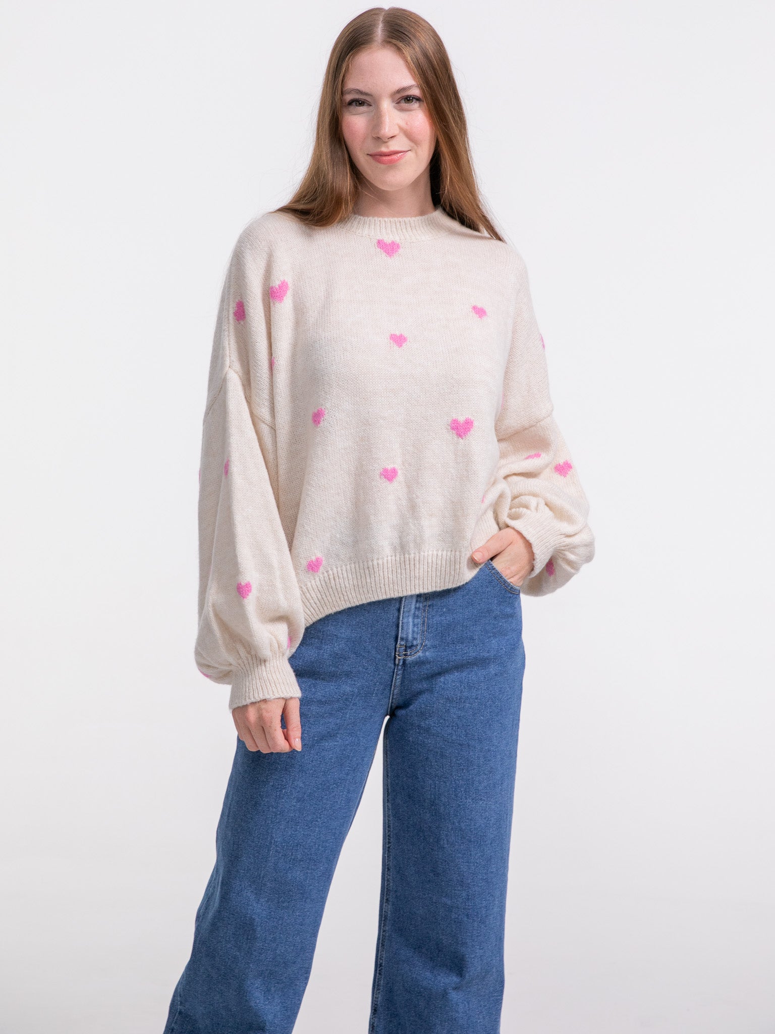 Strickpullover "Lovebird" in Creme/Pink