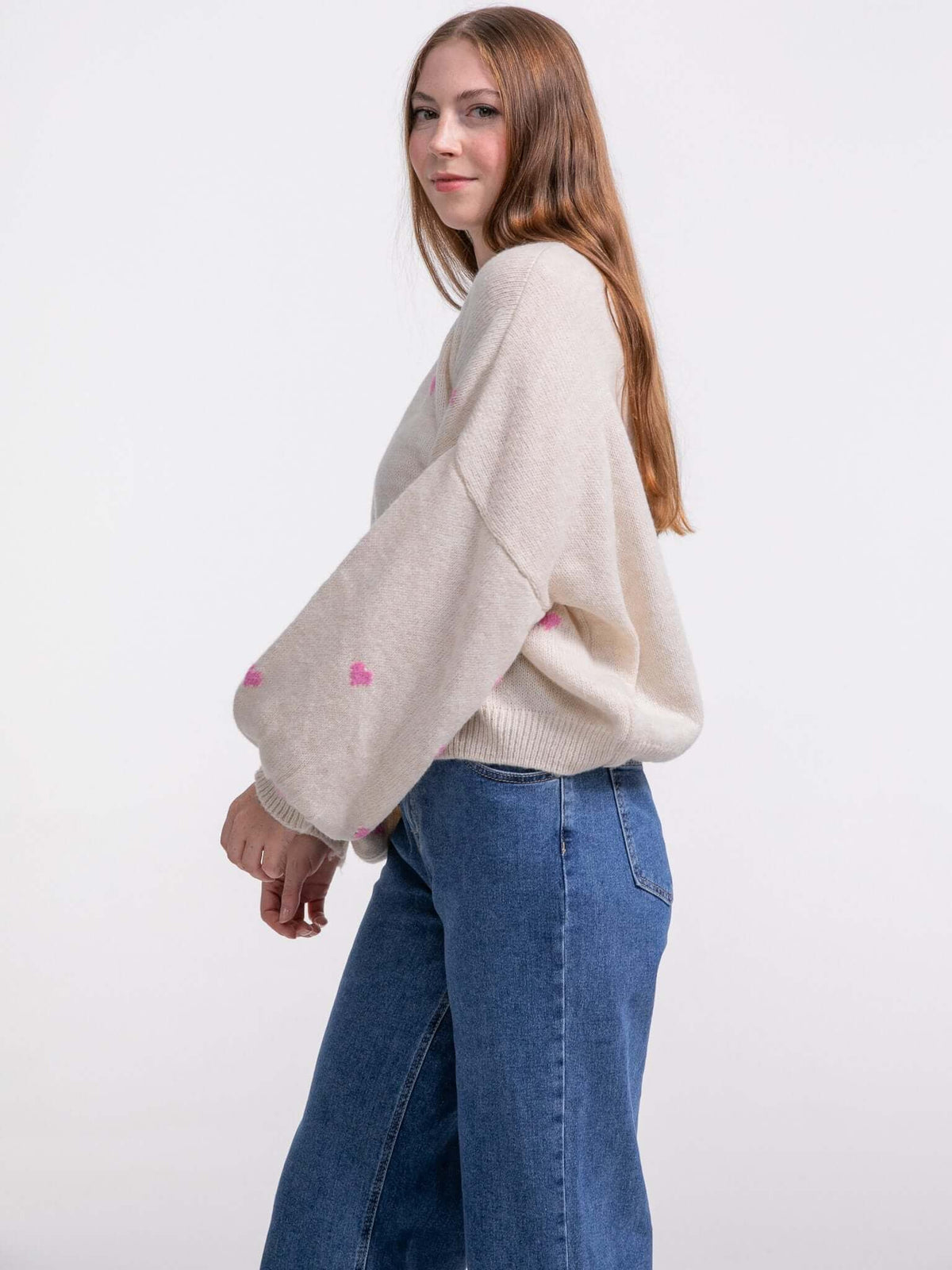 Strickpullover "Lovebird" in Creme/Pink