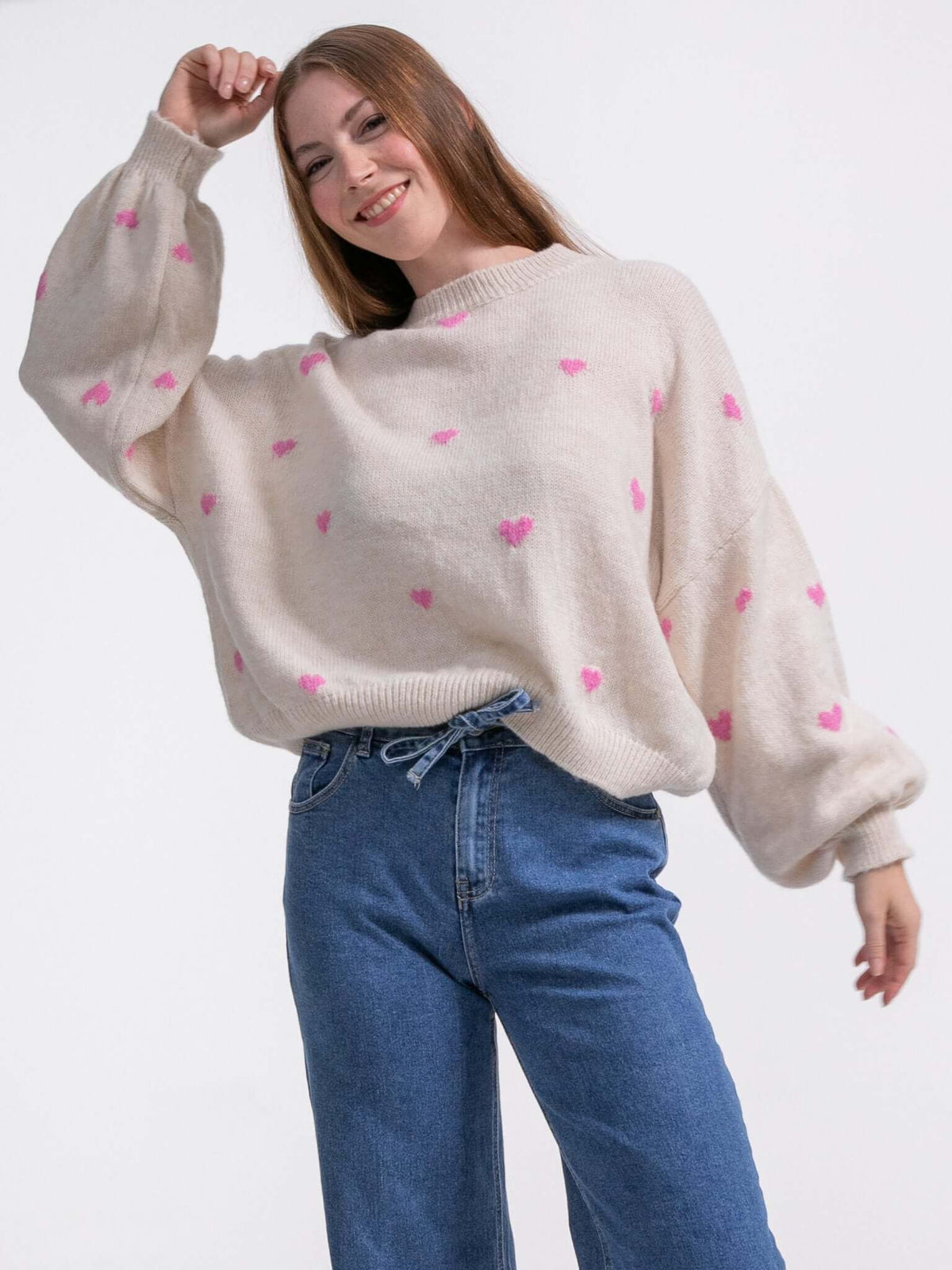 Strickpullover "Lovebird" in Creme/Pink