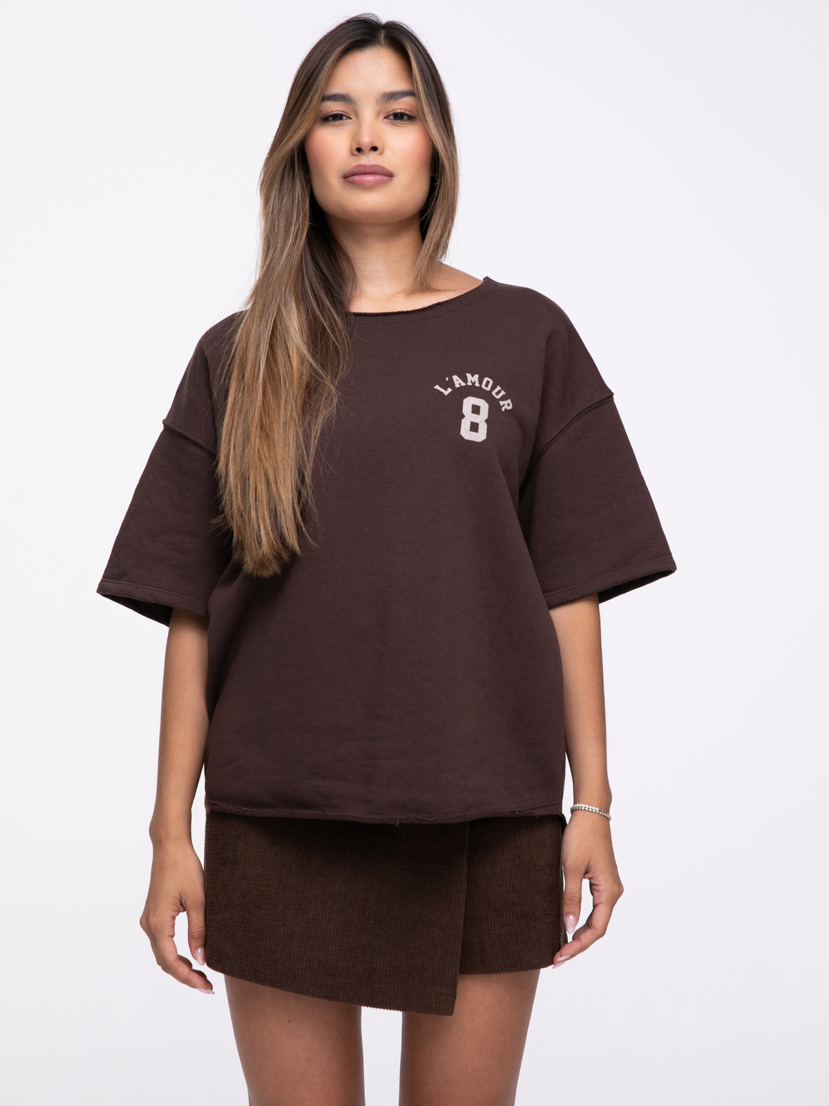 Kurzarm Sweater "L'amour" in Braun