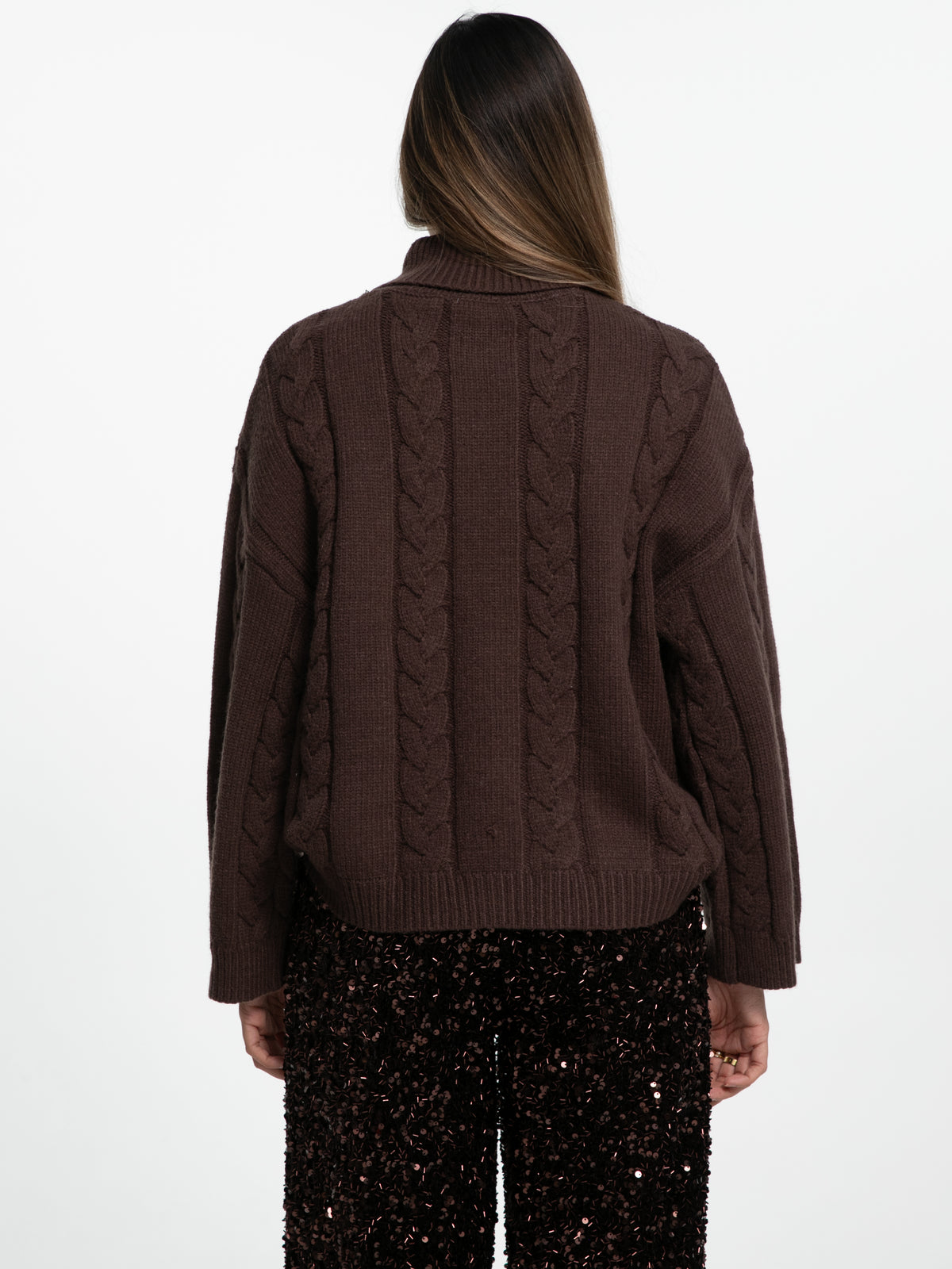 Rollkragen-Strickpullover mit Zopfmuster "Sofie" in Braun