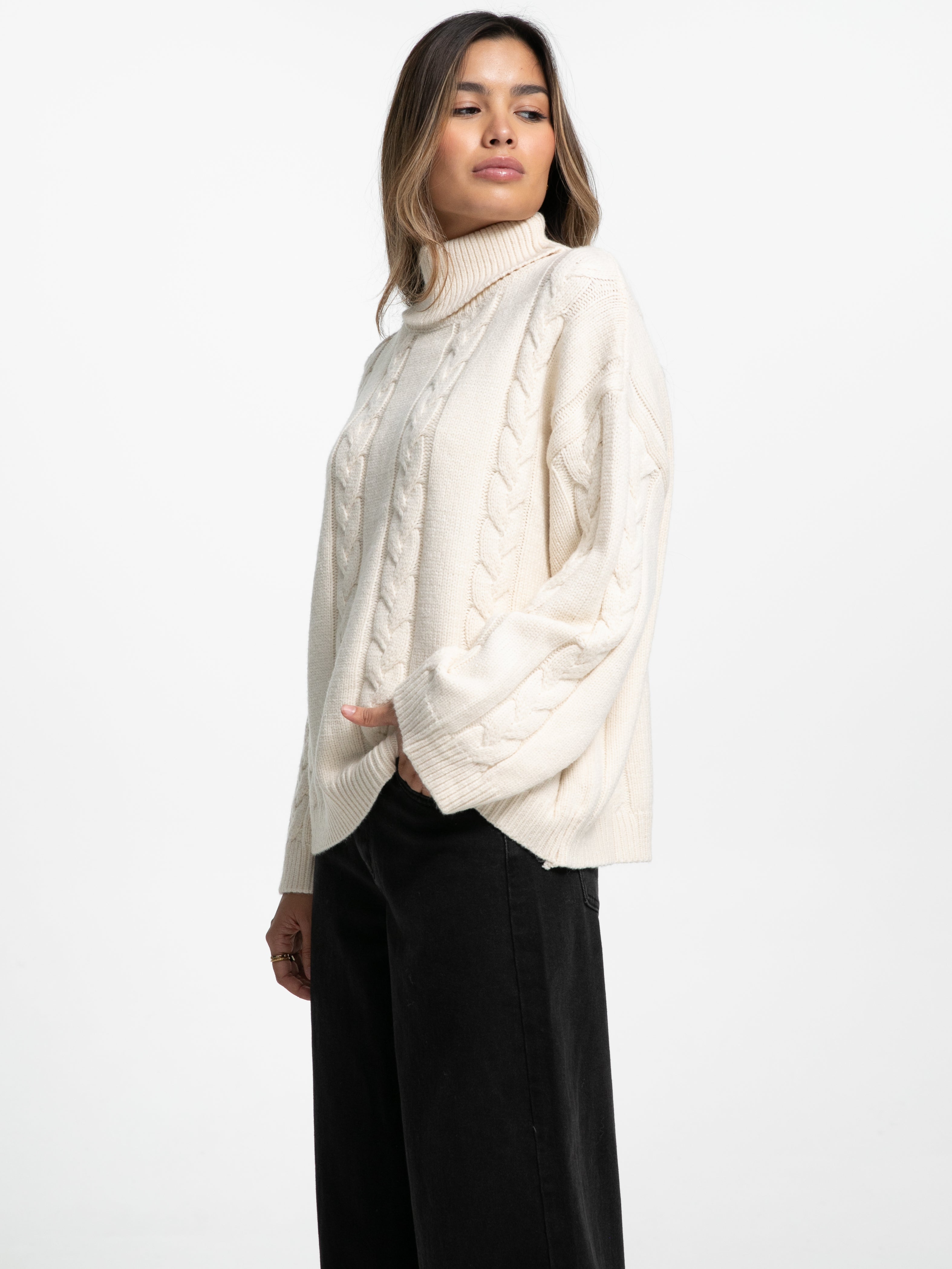 Rollkragen-Strickpullover mit Zopfmuster 