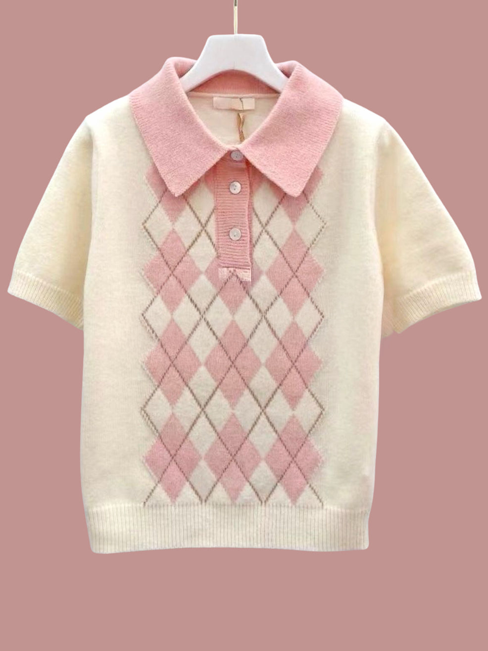 Strick-Poloshirt "Hailey" in Creme/Rosa