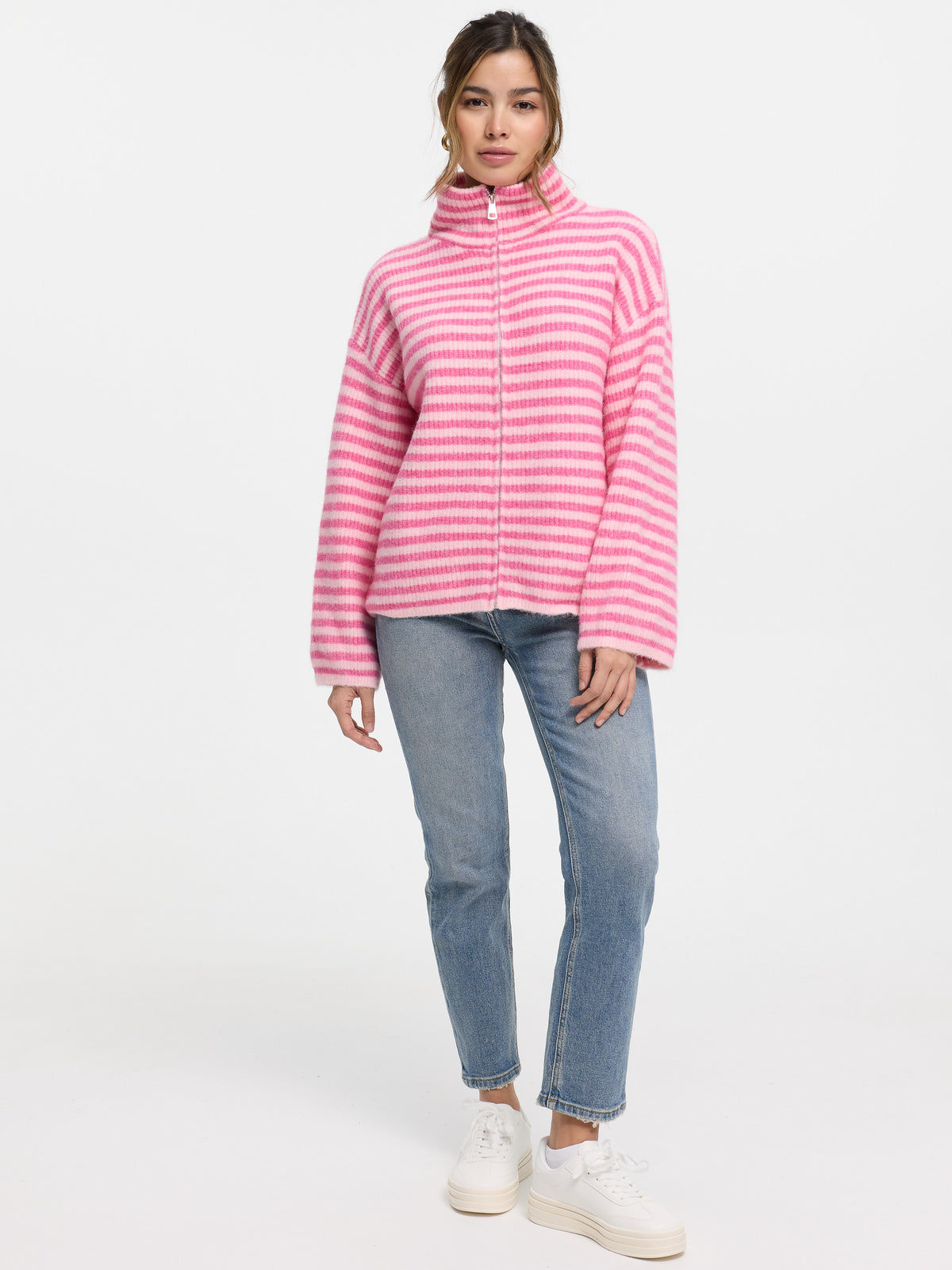 Strickjacke mit Zipper "Vika" in Pink/Rosa gestreift