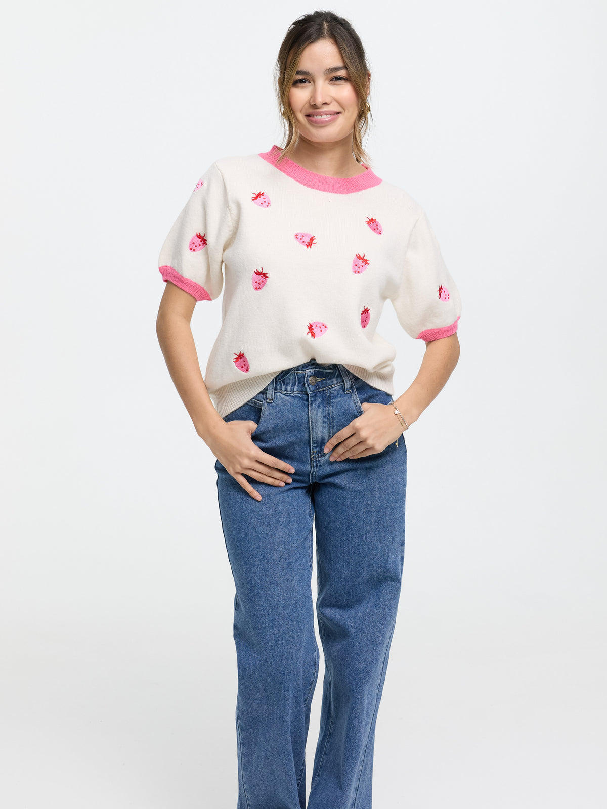 Kurzarm-Strickpullover "Strawberry" in Beige