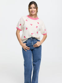 Kurzarm-Strickpullover "Strawberry" in Beige