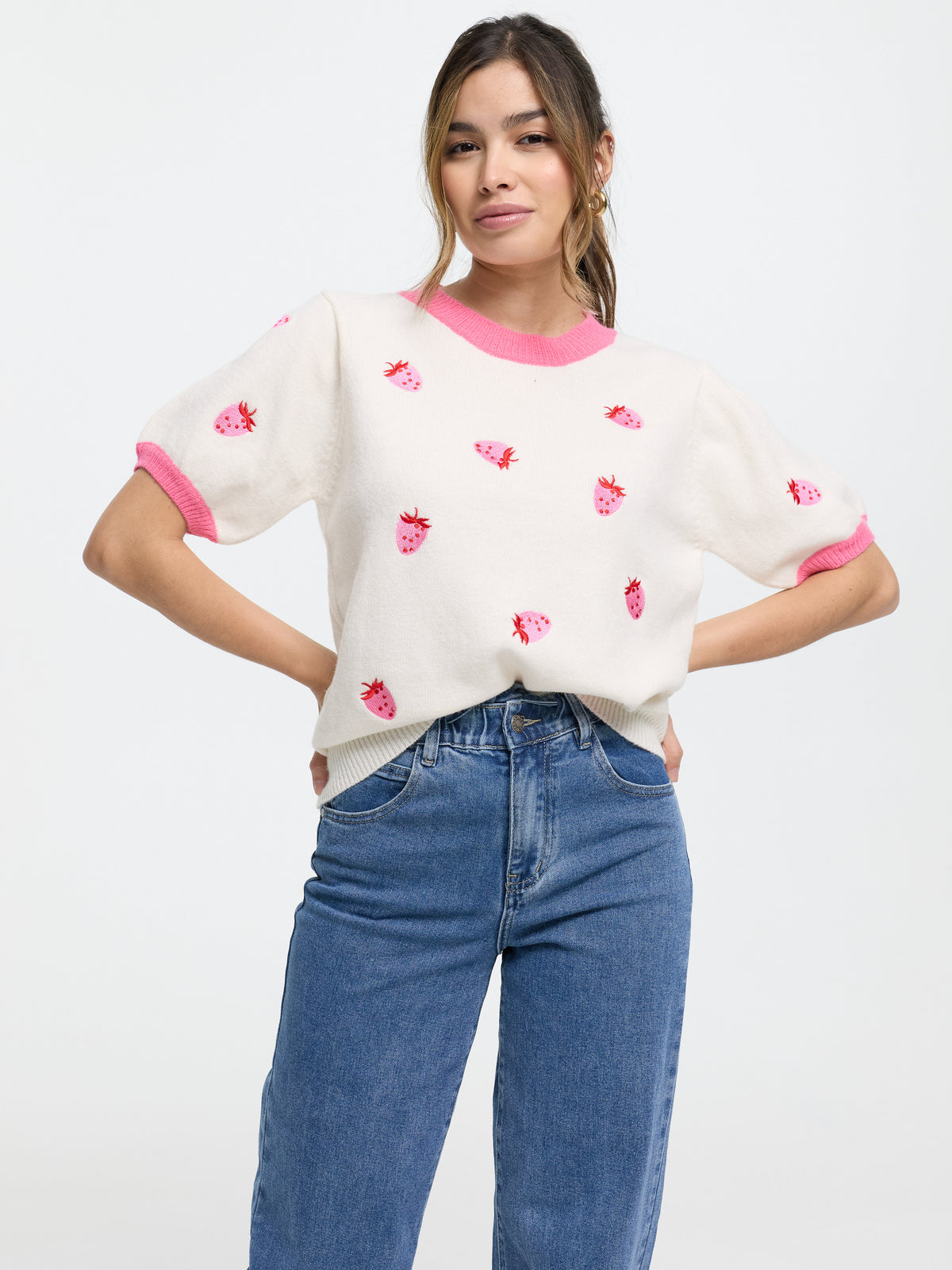 Kurzarm-Strickpullover "Strawberry" in Beige