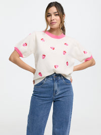 Kurzarm-Strickpullover "Strawberry" in Beige