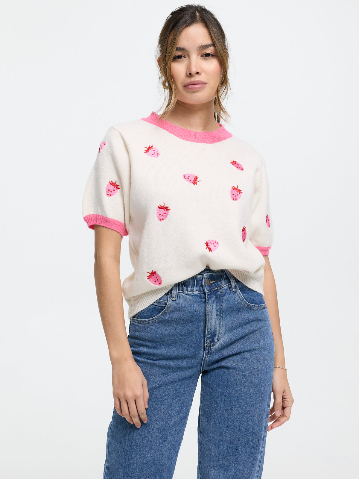 Kurzarm-Strickpullover "Strawberry" in Beige