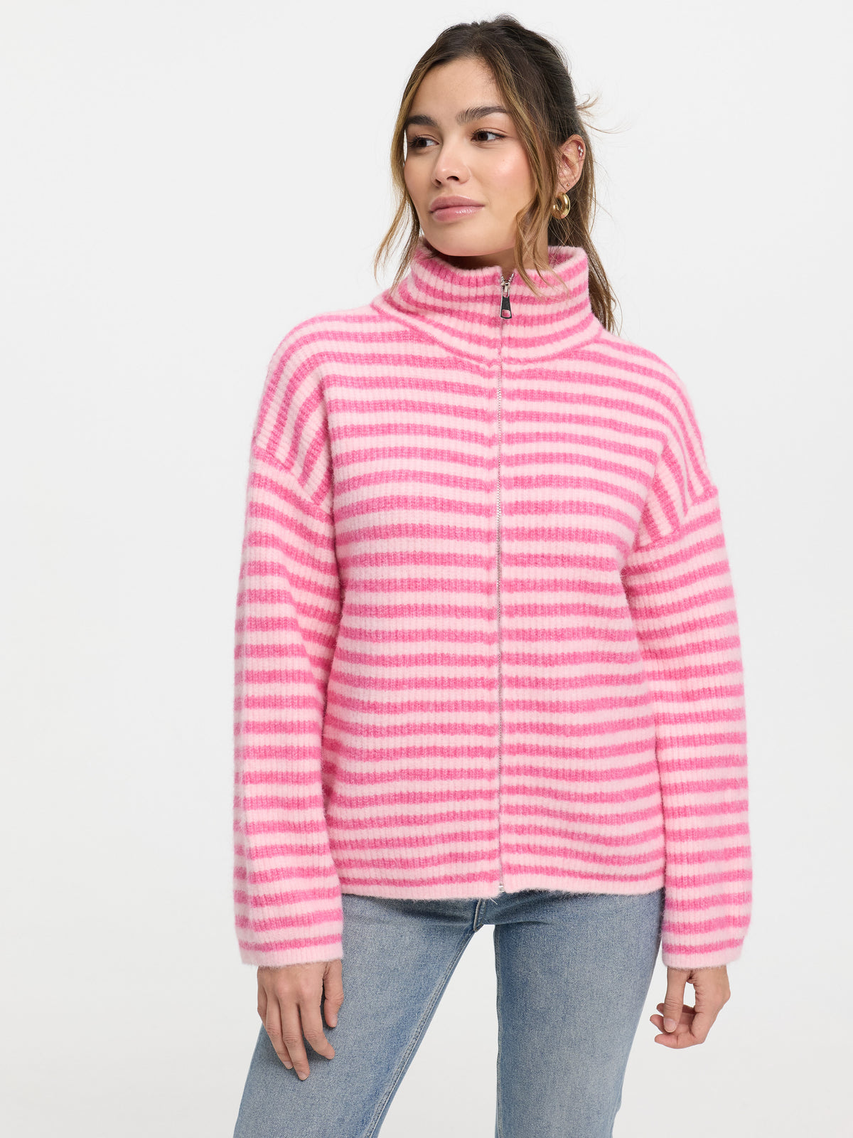 Strickjacke mit Zipper "Vika" in Pink/Rosa gestreift
