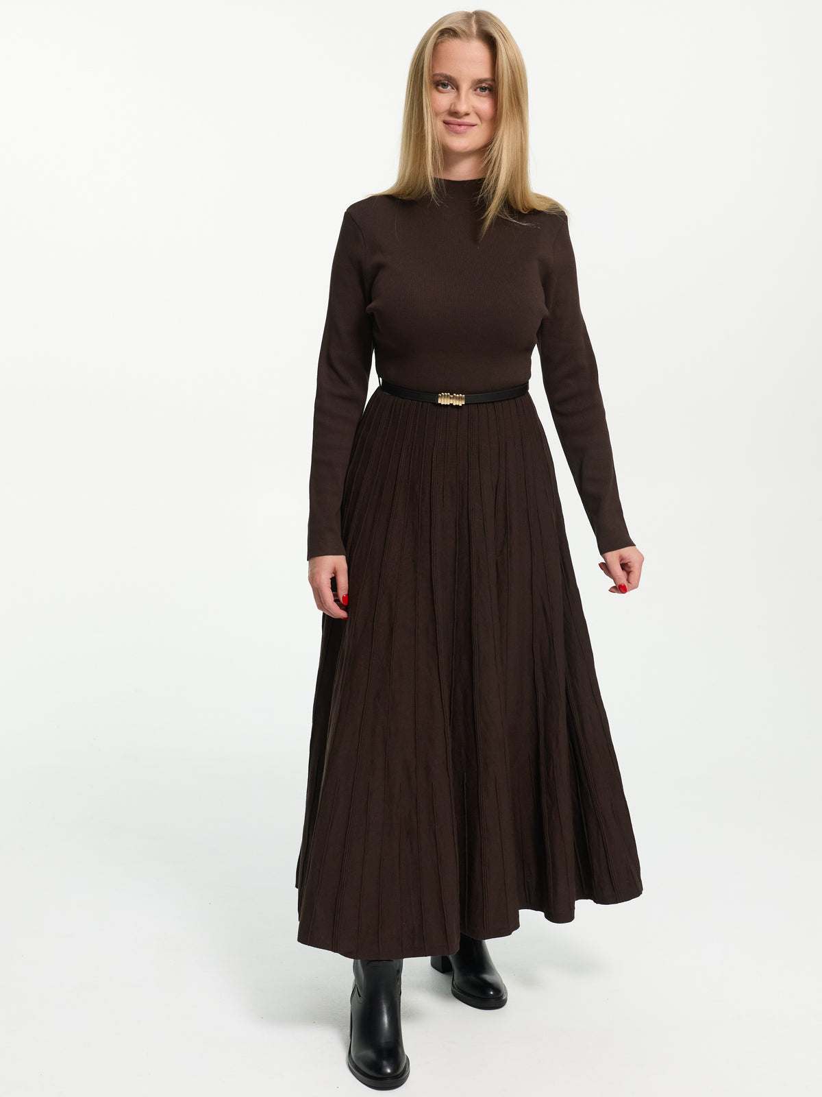 Langes Plissiertes Kleid "Kim" in Braun