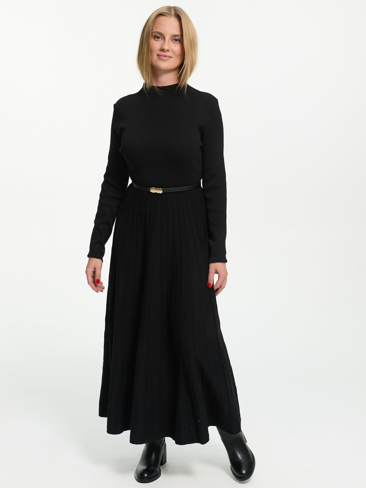 Langes Plissiertes Kleid "Kim" in Schwarz