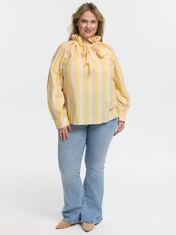 Curvy Bluse mit Schleife "Manon" in Gelb/Rosa gestreift