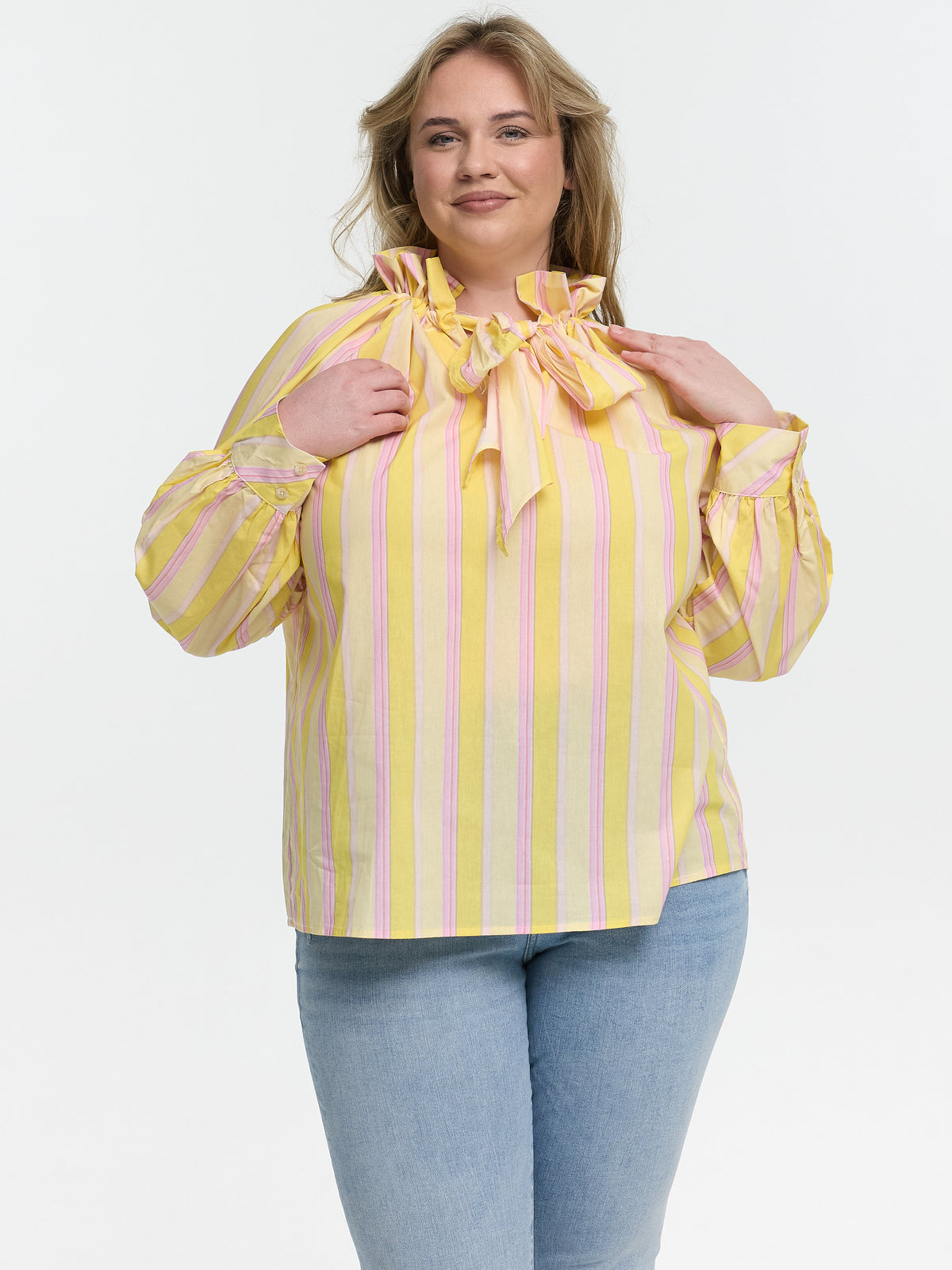Curvy Bluse mit Schleife "Manon" in Gelb/Rosa gestreift