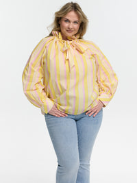 Curvy Bluse mit Schleife "Manon" in Gelb/Rosa gestreift