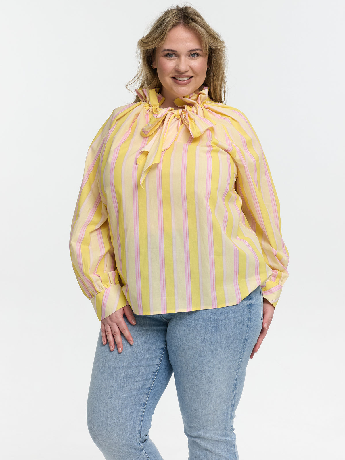 Curvy Bluse mit Schleife "Manon" in Gelb/Rosa gestreift