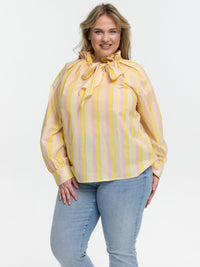 Curvy Bluse mit Schleife "Manon" in Gelb/Rosa gestreift