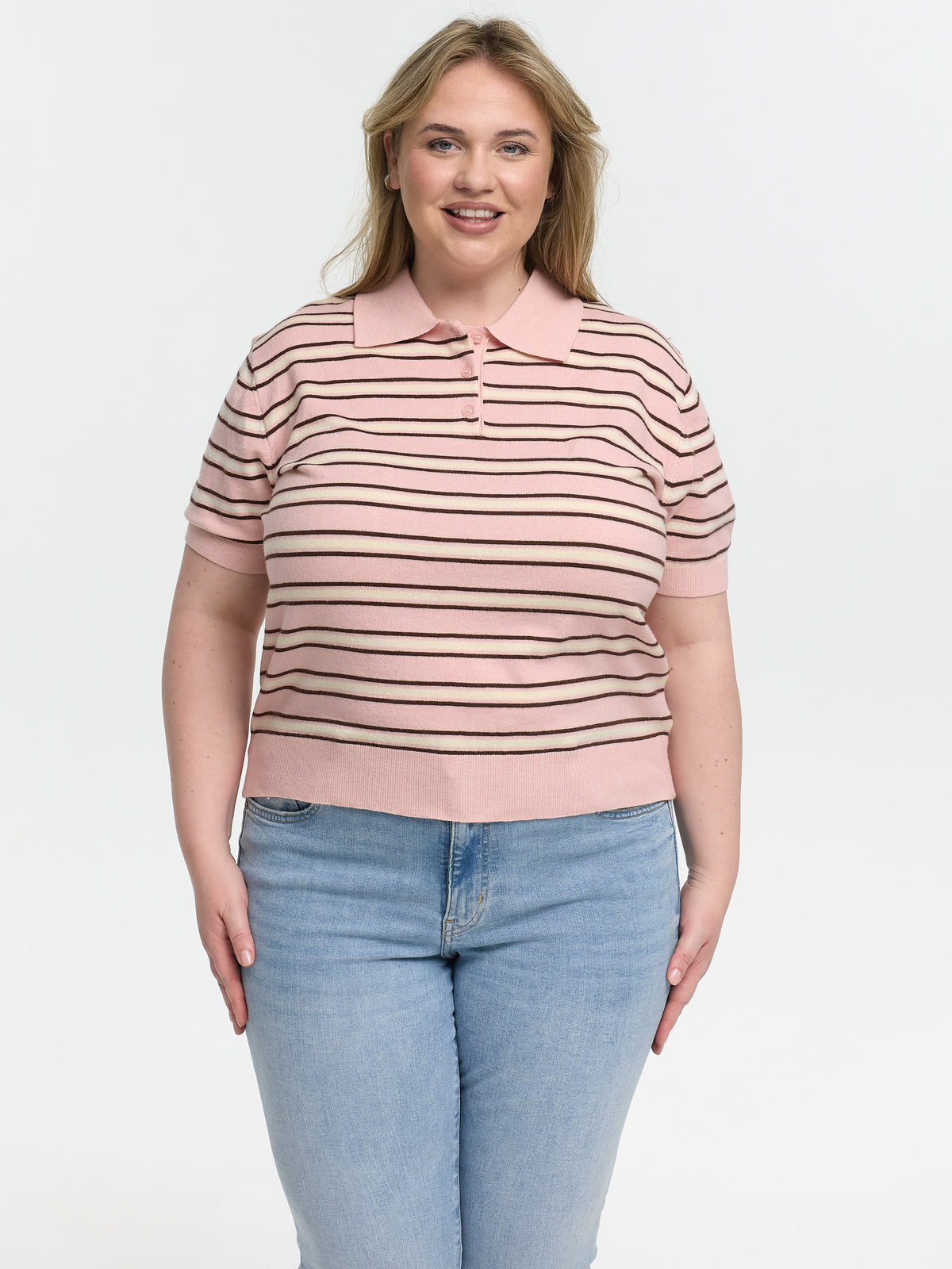 Curvy Strick-Poloshirt "Petunia" in Rosa/Creme