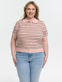 Curvy Strick-Poloshirt "Petunia" in Rosa/Creme