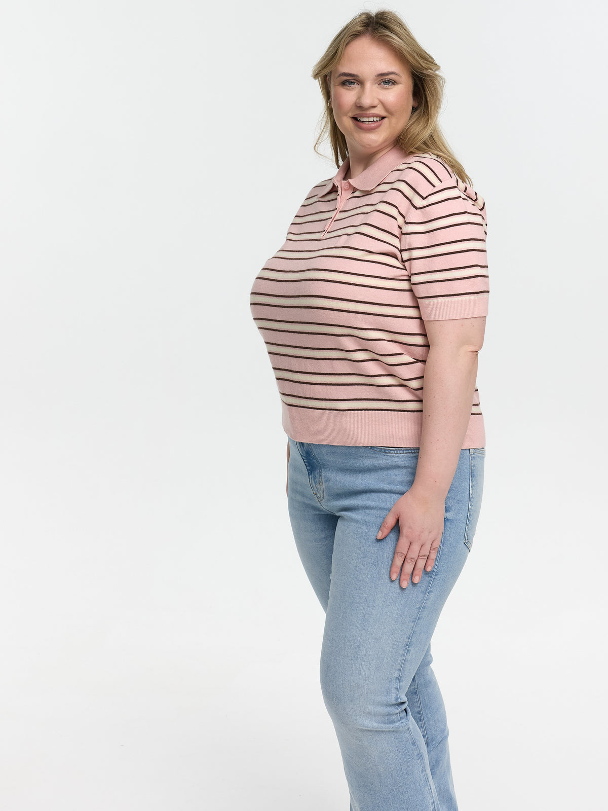 Curvy Strick-Poloshirt "Petunia" in Rosa/Creme
