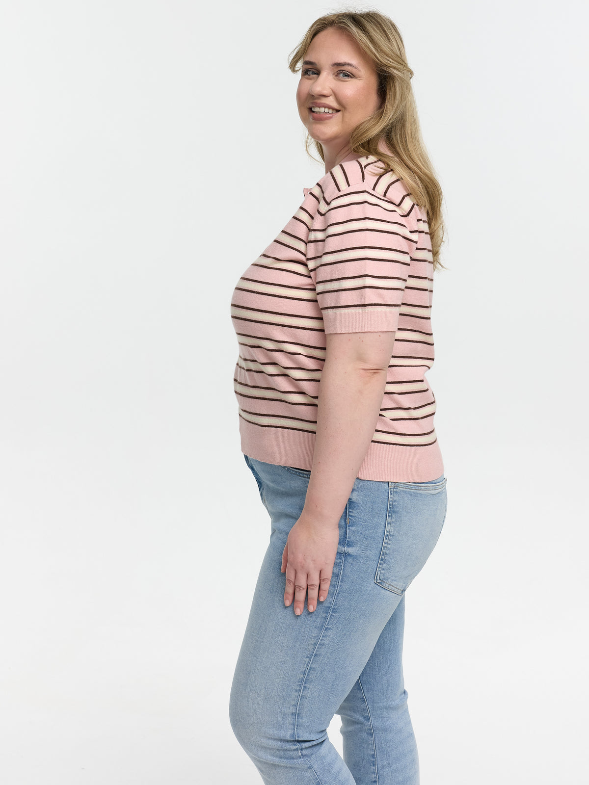 Curvy Strick-Poloshirt "Petunia" in Rosa/Creme