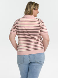 Curvy Strick-Poloshirt "Petunia" in Rosa/Creme