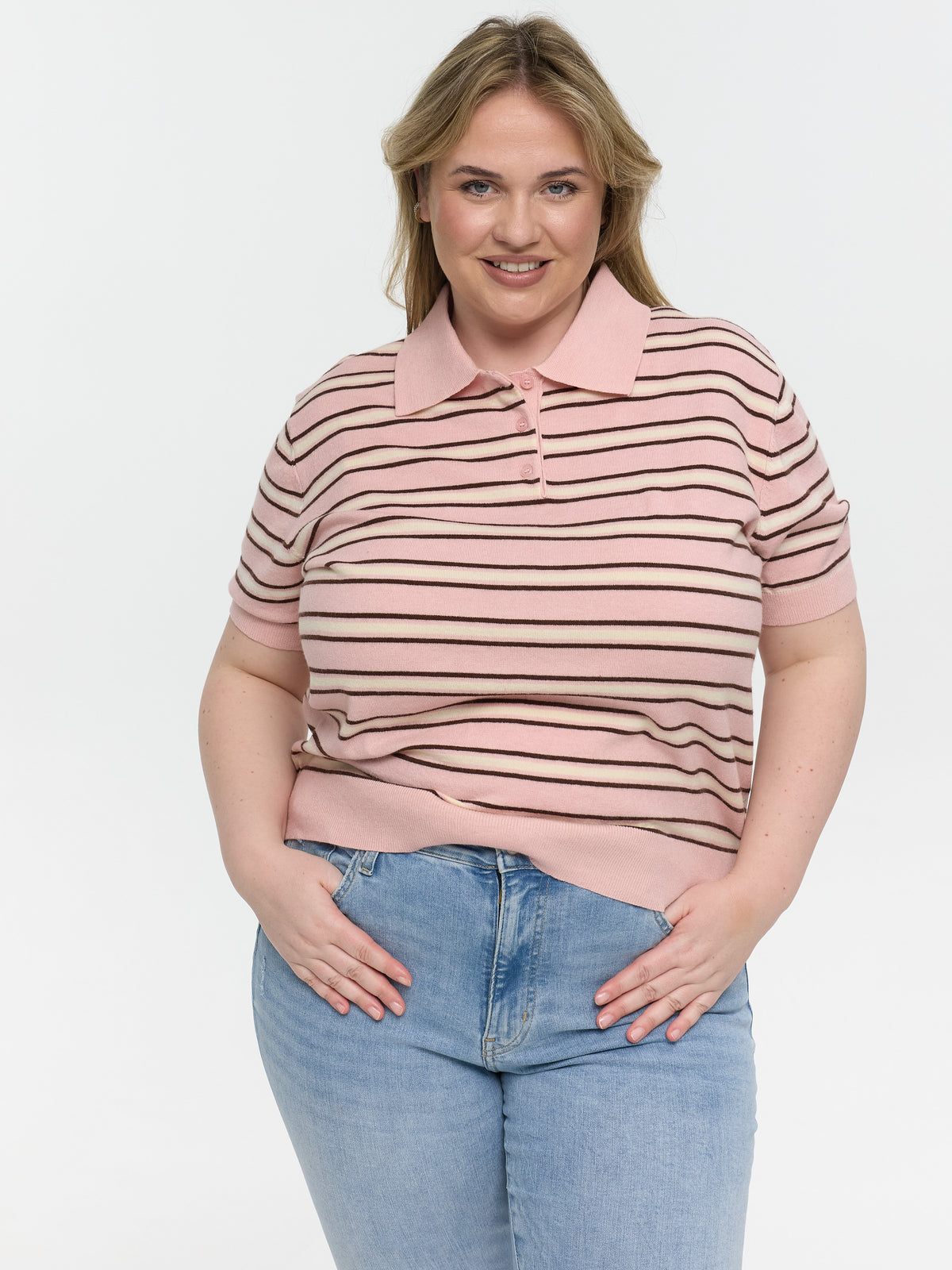 Curvy Strick-Poloshirt "Petunia" in Rosa/Creme