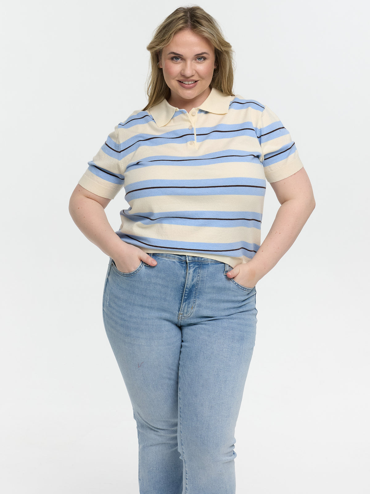 Strick-Poloshirt "Kamilla" in Blau/Creme