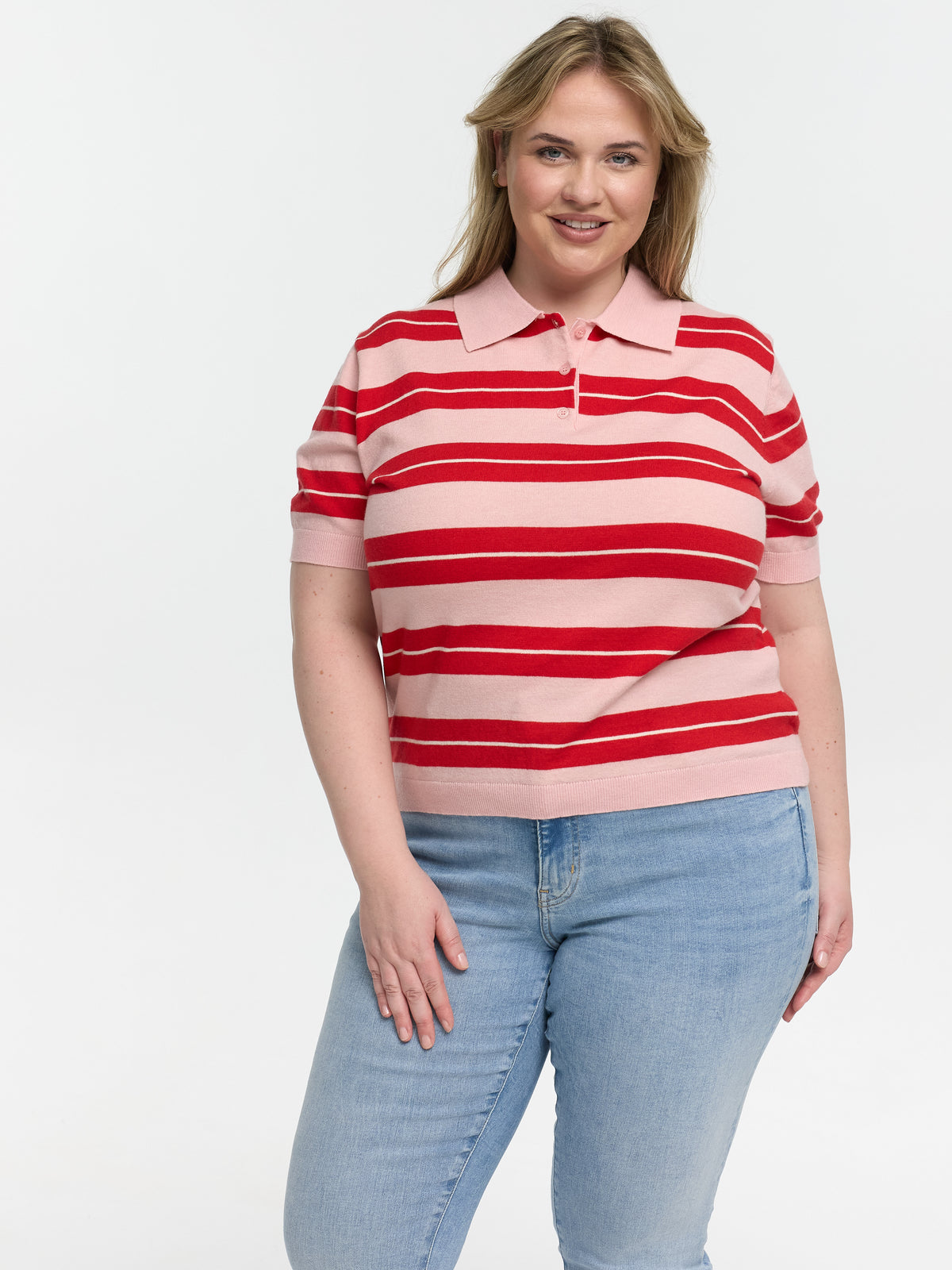 Curvy Strick-Poloshirt "Kamilla" in Rosa/Rot