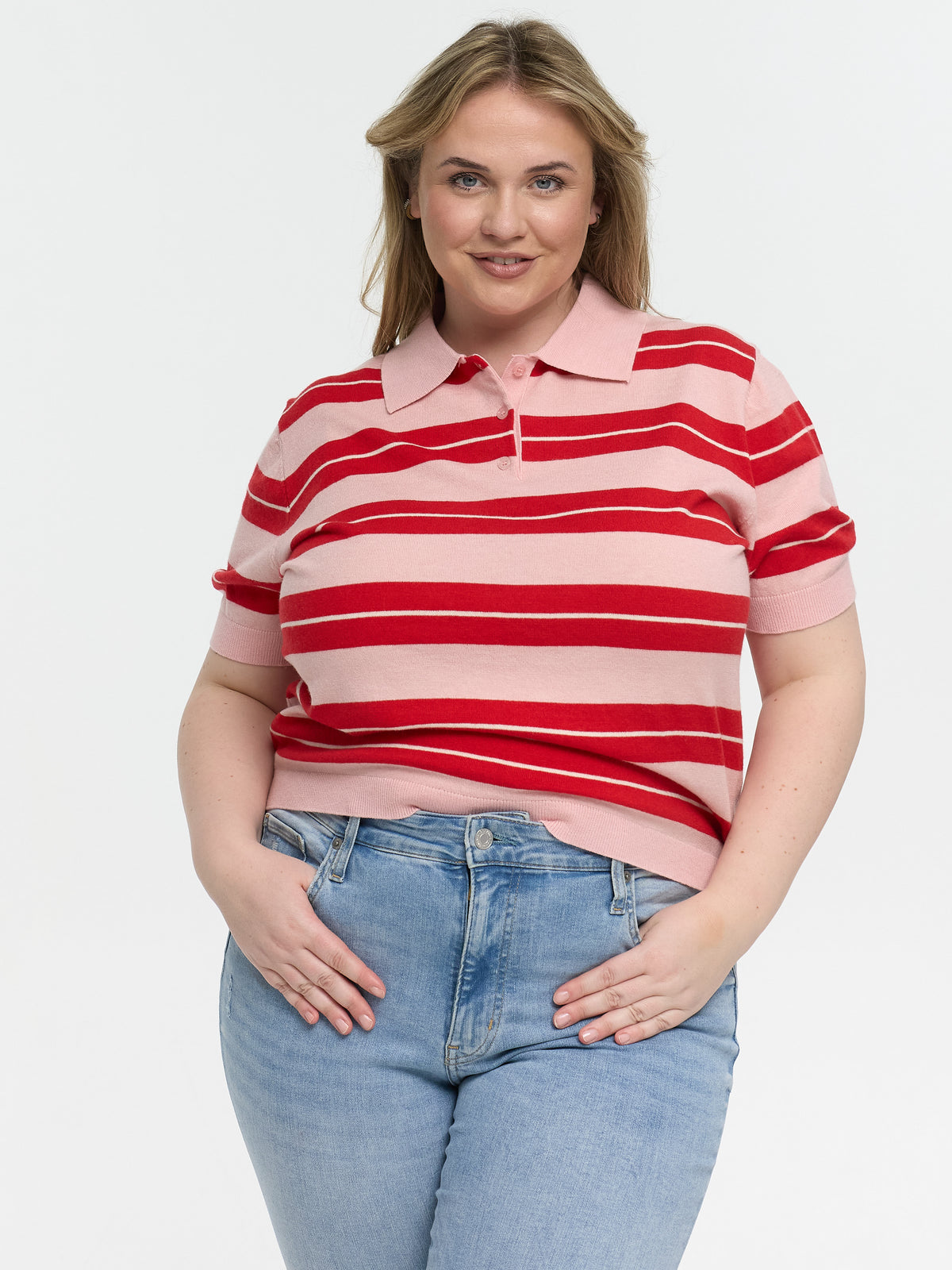 Curvy Strick-Poloshirt "Kamilla" in Rosa/Rot